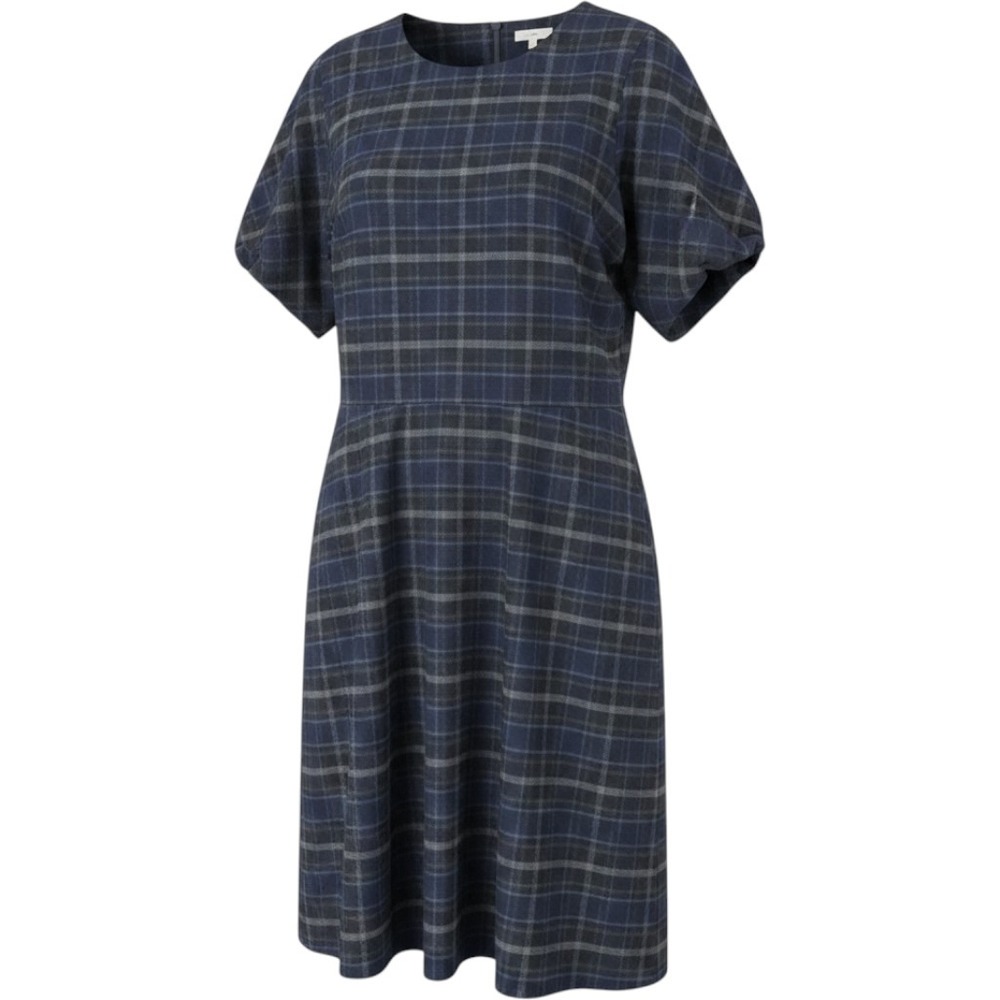 COS Wool Blend Plaid Midi Dress Navy Grey Puff Sleeve Pockets Size 14 Career